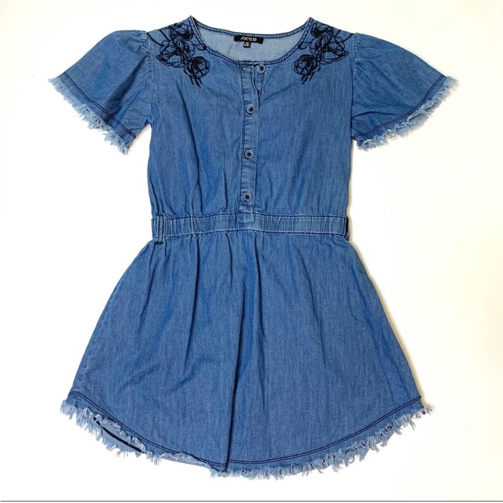 Joe Jeans Girls Faux Denim Dress Embroidered Floral Print Sz M (8-10)